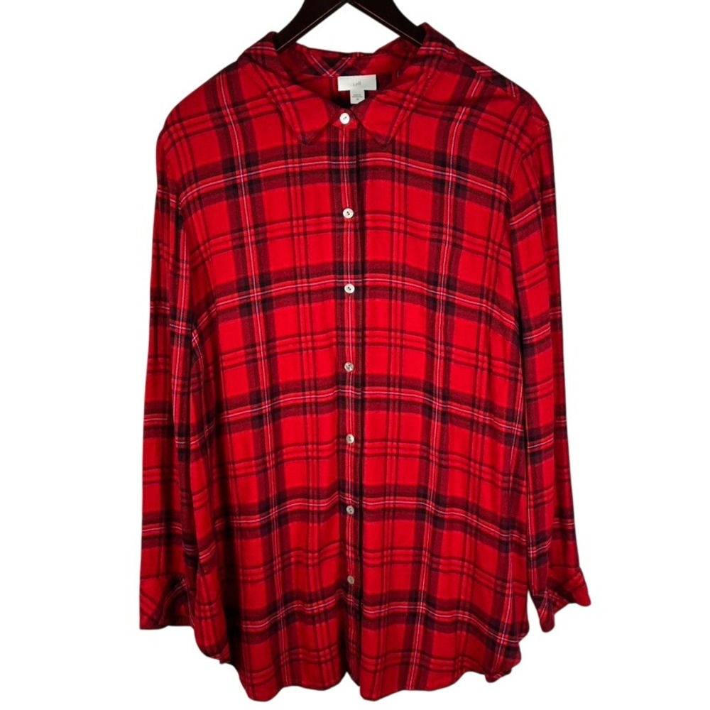 J.Jill Womens 2X Red Plaid Rayon Button‎ Down Long Sleeve Shirt Top